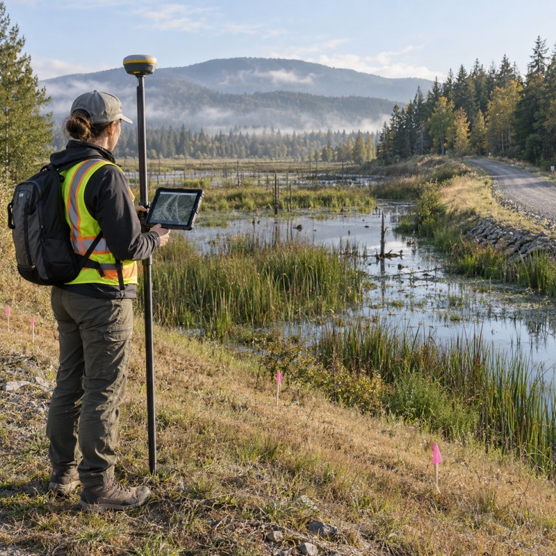 Surveyor recording wetland conditions with a GPS pole and tablet