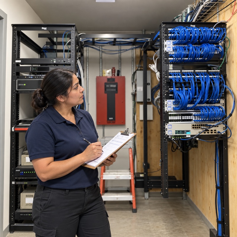 Technician documenting network racks and patch panels in a building's IDF telecom closet