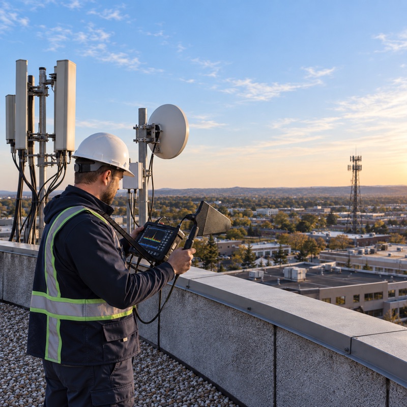 Technician on a rooftop measuring RF signals with a spectrum analyzer near cellular antennas