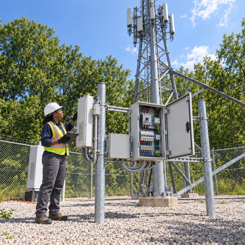 Technician inspecting equipment cabinets on a steel H-frame at the base of a cell tower